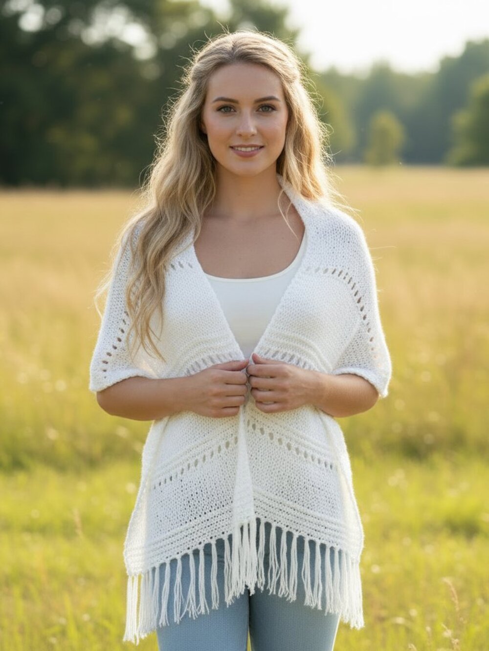 NEW‎ White Hand Knitted Shawl Scarf Wrap Boho Hippie Fringe Cottage Boho Western